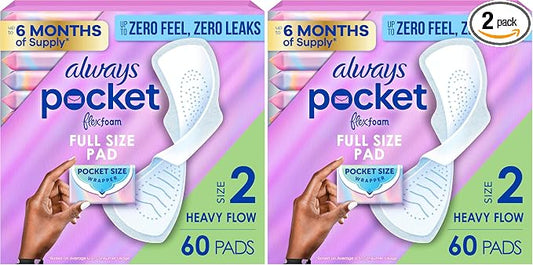 Always Pocket Feminine Pads with FlexFoam,Size 2,Heavy Flow,with Wings,Unscented,60 Count (Pack of 2)