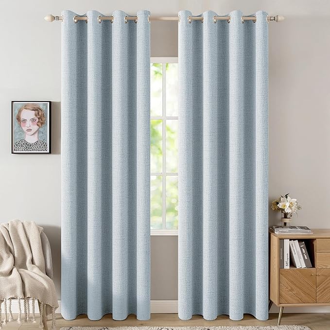 MIULEE 100% Blackout Linen Textured Curtains for Bedroom Solid Thermal Insulated Chambray Blue Grommet Room Darkening Curtains & Drapes Luxury Decor for Living Room 52 x 84 Inch (2 Panels)