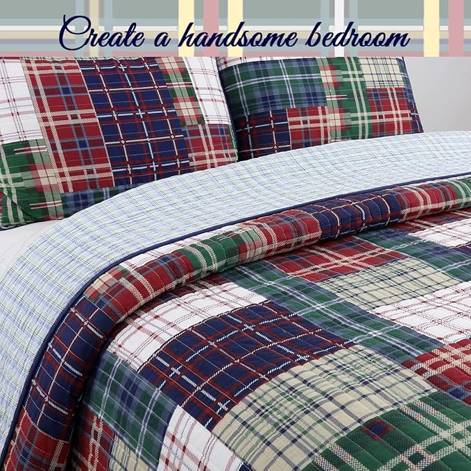 Cozy Line Home Fashions Nate Patchwork Quilt Set, Green Red Navy White 100% Cotton Reversible Coverlet Bedspread for Boy (Nate Patchwork, Queen - 3 Piece)