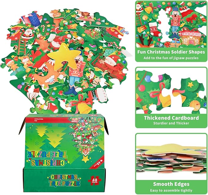 Christmas Puzzles with 48 Large Pieces - Christmas Tree Shaped Floor Puzzle for Party Decorations, Gifts, and Classroom Activities
