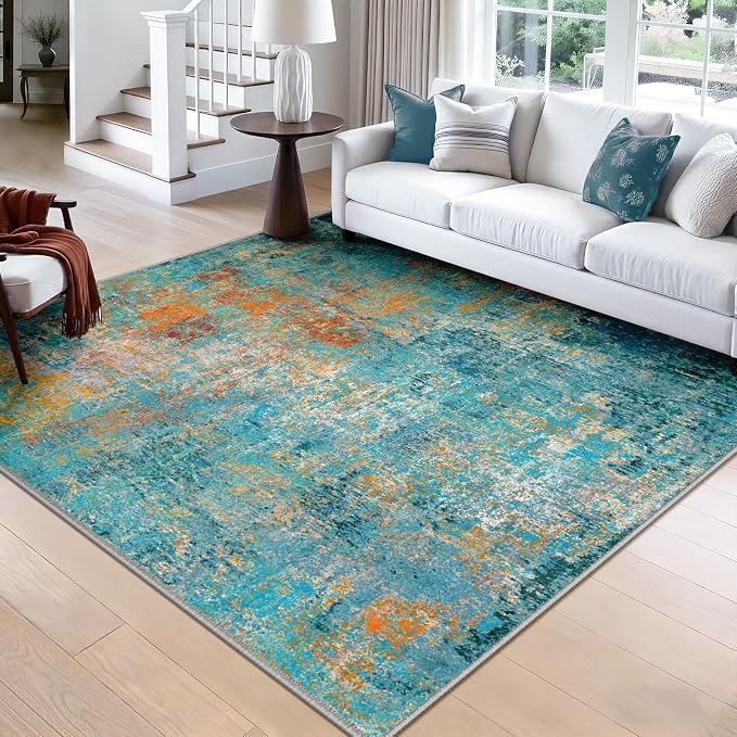 RELEANY Washable Square 8'x8' Area Rug for Living Room Teal Multi | carpet for bedroom, kitchen, office, hallway and entryway, printed pattern, non-slip, soft, stain-resistant, easy to clean