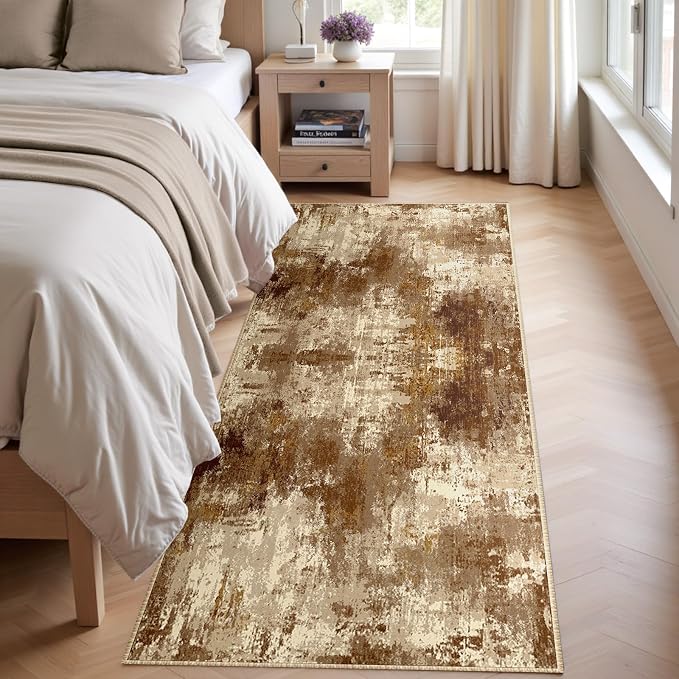 RELEANY Washable Runner 2'x6' Abstract Area Rug for Hallway Brown Tan | carpet for kitchen, entryway, bathroom, living room, bedroom, printed pattern, non-slip, soft, stain-resistant, easy to clean