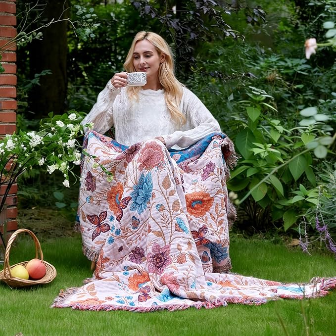 LUTBM Boho Throw Blanket for Couch 50"x60", Cotton Decorative Bed Throw | Reversible Floral Butterfly Jacquard, All-Season Muslin Blanket, Lightweight Throws, For Chair Sofa Bedroom Living Room Decor
