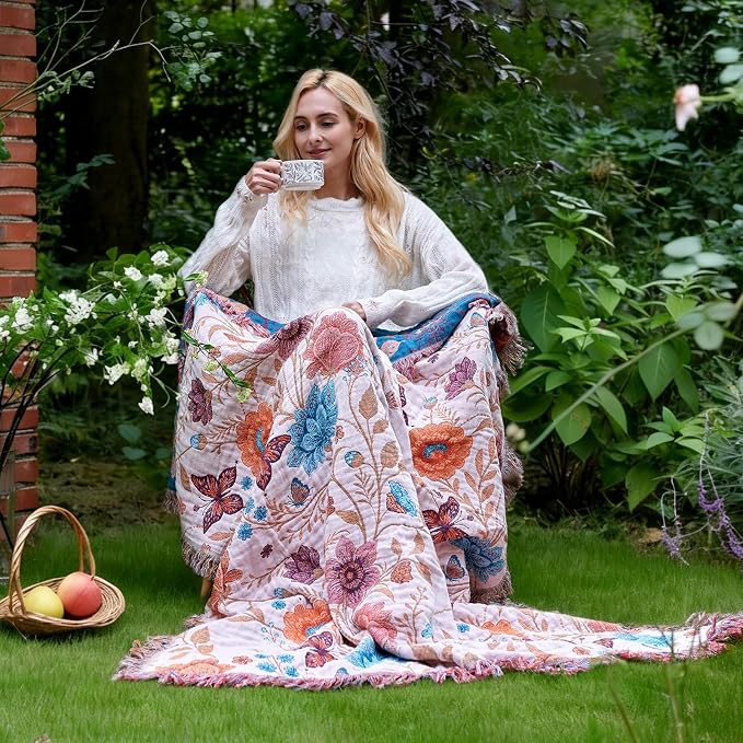LUTBM Boho Throw Blanket for Bed 60"x80", All Season Cotton Couch Blankets | Reversible Floral Butterfly Embroidery, Lightweight Breathable Twin Quilt, For Chair Sofa Bedroom Living Room, Home Decor
