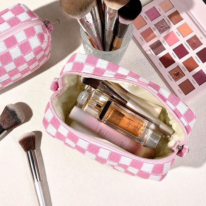 SOIDRAM 2 Pieces Makeup Bag Large Checkered Cosmetic Bag Capacity Canvas Mix Travel Toiletry Bag Organizer Cute Makeup Brushes Aesthetic Accessories Storage Bag for Women, Pink checkered