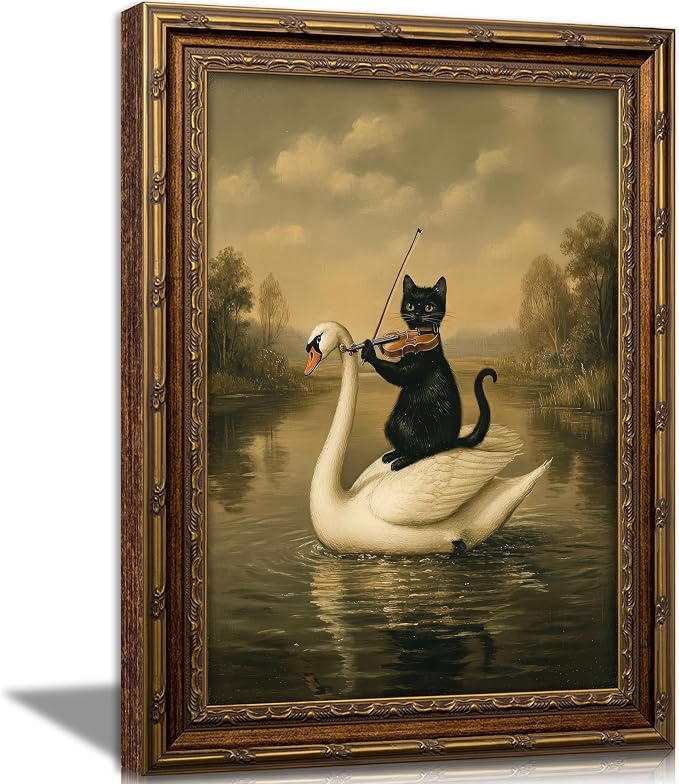 Vintage Gold Framed Black Cat Wall Art,Dark Academia Swan Painting Canvas Print,Moody Cottagecore Cute Animal Wall Decor, Rustic Farmhouse Animal Poster Artwork for Living Room Bedroom Bathroom