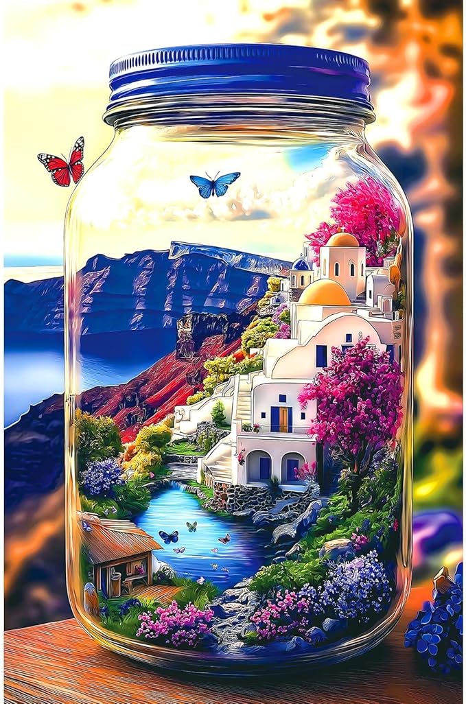 500 Piece Jigsaw Puzzles for Adults World in a Jar Santorini Landscape Puzzles with Letters on Back Fun Family Blue Greek Island Scenery Puzzle for Seniors & Adults