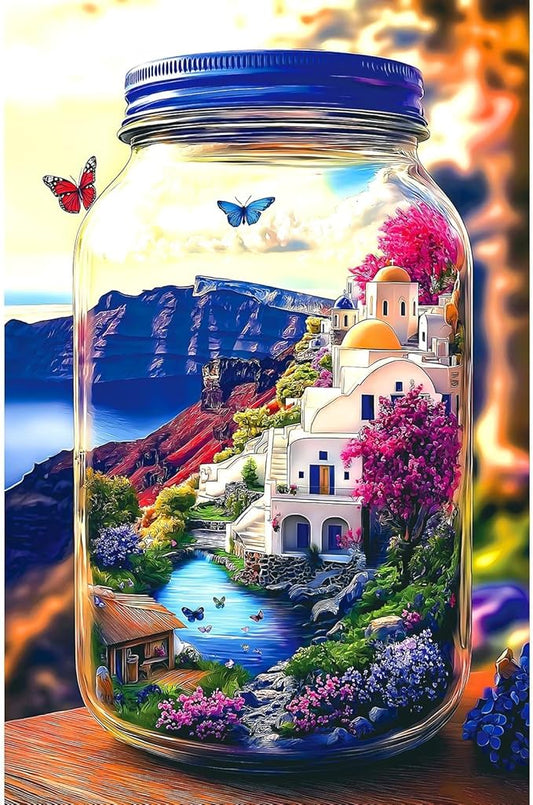 500 Piece Jigsaw Puzzles for Adults World in a Jar Santorini Landscape Puzzles with Letters on Back Fun Family Blue Greek Island Scenery Puzzle for Seniors & Adults