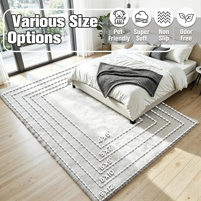 5x7 Area Rug for Living Room, Ultra Soft Fluffy White Rugs for Bedroom, Non Slip Large Shag Carpet, Fuzzy Plush Nursery Rug, Thick Washable Indoor Floor Carpets for Kids Office Dorm Home Decor