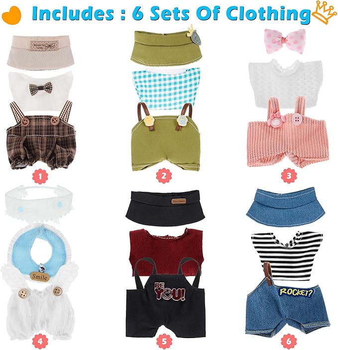 6 Sets Kawaii Doll Clothes for 17cm Plush Dolls - Dress Up Doll Clothing Set Replacement Fashion Outfit Collection with Hats & Accessories, Fits 6.7 Inch Mini Dolls (No Doll No Glasses)