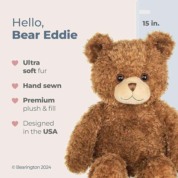 Bearington Collection Eddie The Teddy Bear Plush Stuffed Animal, 15 Inch Classic Brown Bear for Boys and Girls