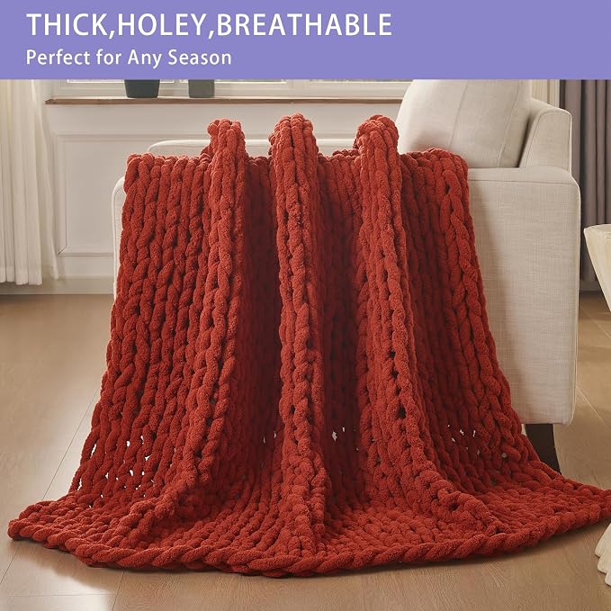 Bigacogo Chunky Knit Throw Blanket for Couch, 51x63 inches, Rust Red | Hand Knit with Jumbo Chenille, Soft Breathable Cable Knit for Sofa Bed Living Room, Machine Washable, Gift for Mom Friend
