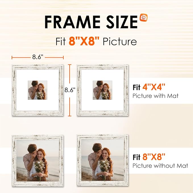 FIXSMITH 8x8 Picture Frame 2 Pack, Distressed White Photo Frame with HD Plexiglass, Display Pictures 6x6 with Mat or 8x8 Without Mat, Distressed White Multi Picture Frames Collage for Tabletop or Wall Display