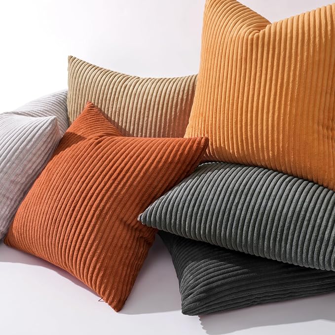MIULEE Fall Soft Corduroy Throw Pillow Covers Set of 2 18x18 Burnt Orange | Decorative Striped Textured Cushion Cases, Boho Rustic Square Pillowcases, Home Decor for Couch Chair Sofa Bed Living Room