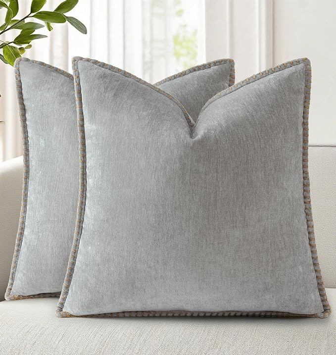 decorUhome Soft Chenille Throw Pillow Covers 26x26 Set of 2 Neutral Gray | Fall Textured Decorative Throw Pillow Cases Stitched Edge Modern Farmhouse Luxury Boho Velvet for Couch Sofa Bed Home Decor