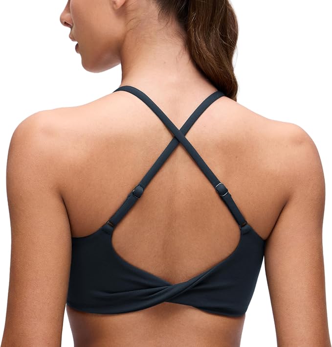 CRZ YOGA Butterluxe Twist Cross Back Sports Bras for Women - U Neck Padded Adjustable Spaghetti Straps Yoga Top