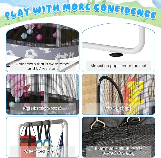 LAMERGE 55" 7-in-1 Round Trampoline for Kids Boys & Girls Ages 1-8, Indoor & Outdoor Trampoline for Fun, Adjustable Height Handrail ＆ Enclosed Safety Net ＆ Durable Designs for Toddlers Children