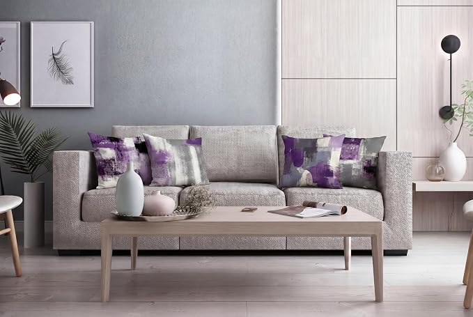 Purple Grey Abstract Throw Pillow Covers 18x18 Set of 4 | Lavender & Grey Modern‑Art Cushion Cases, neutral aesthetic pillowcases for sofa, bedroom & chair