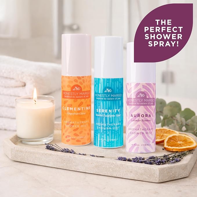 Honestly Margo Aromatherapy Shower Mist Spray Lavender, Eucalyptus and Citrus (4 Fl Oz, Pack of 3) – Wellness Essential Oils for Shower Steam, Personal Space Mist – Clean, Cruelty-Free Bath Products