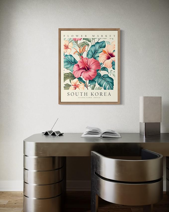 South Korea Flower Market Art Print Poster, Wall Art Floral Painting Botanical Decor for Bedroom, Kitchen, Bathroom Livingroom Decoration 82B (South Korea, 20"L x 16"W, Wood Frame)