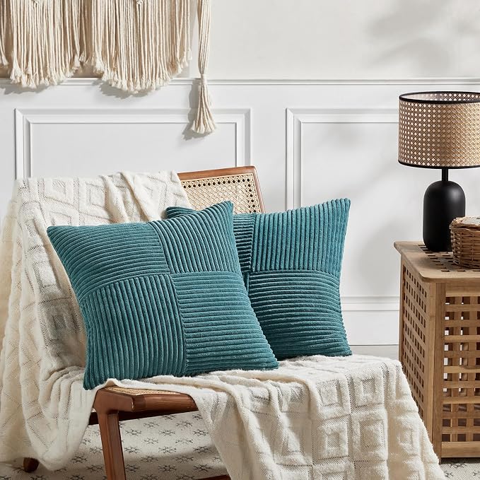 Fancy Homi 2 Packs Teal Samll Decorative Throw Pillow Covers 14x14 Inch with for Couch Bed Sofa, Rustic Farmhouse Boho Home Decor, Soft Corss Patchwork Corduroy Square Cushion Case 35x35 cm