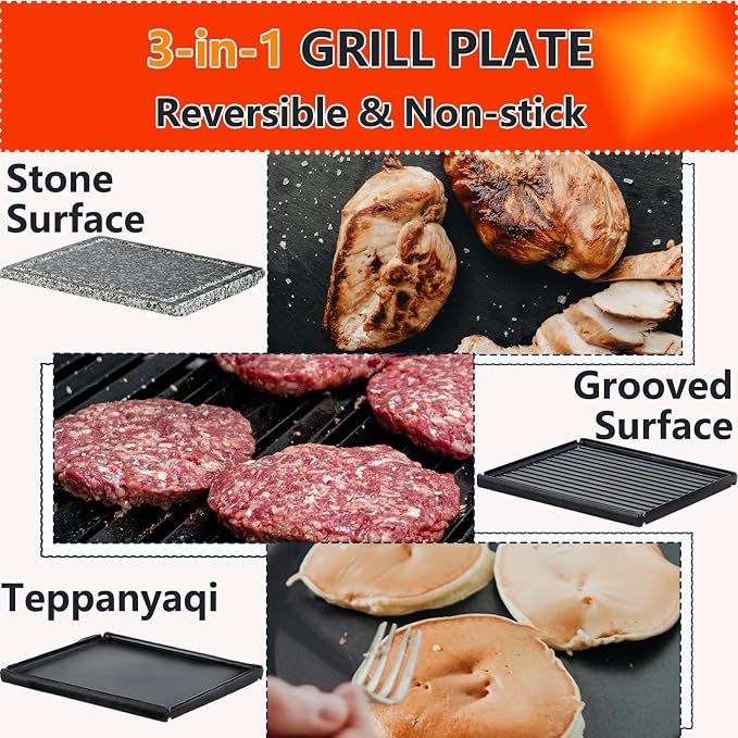 GIVENEU Raclette Grill 8 Person, 1200W, Natural Stone & Reversible Plate | 3-in-1 Stone, Grooved & Flat Plate; Dishwasher Safe Pans; Cheese Raclette, Korean BBQ, Teppanyaki; Christmas, Holiday Gift