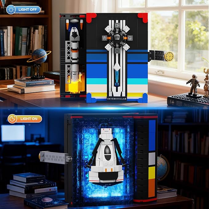 HOGOKIDS Magic Space Book Nook Building Set with LED Light, 945PCS Book Nook Building Block Sets for Bookshelf Home Decor, DIY Miniature Book Model Craft Kit, Christmas Birthday Gifts for Adults Teens