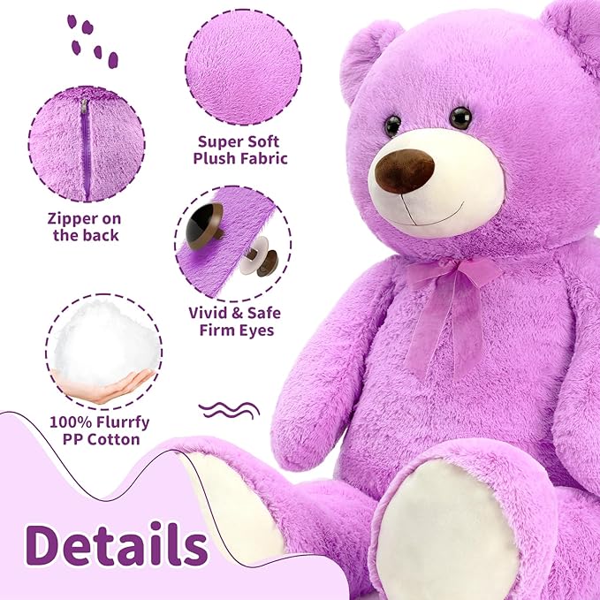 MorisMos Giant Teddy Bear Stuffed Animal 3 ft, 36'' Big Teddy Bear Toy,Lavender Teddy for Girlfriend Valentine's Gift,Large Stuffed Animal for Kid Birthday Christmas Baby Shower,Purple