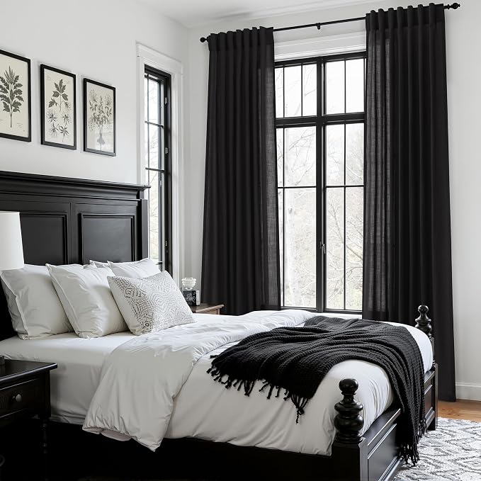 Vintage Black Linen Curtains for Living Room 72 Inches Long Light Filtering Semi Sheer Curtain Back Tab and Rod Pocket Privacy Luxury Gothic Vintage Decor Drapes for Bedroom Office 52x72, 2 Panels