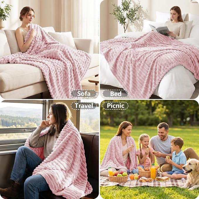 Pink Twin Blanket for Bed & Couch, 60 x 80 Inch | 300GSM Ribbed Fleece Blanket, Soft, Cozy & Lightweight, OEKO-TEX Certified, All-Season Use for Travel, Dorm & Home Decor