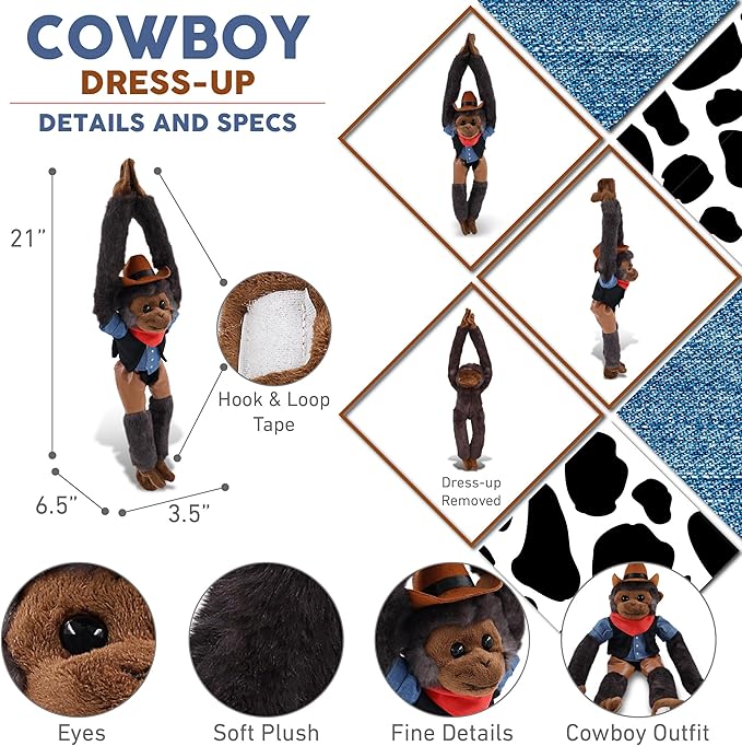 DolliBu Black Capuchin Monkey Stuffed Animal Cowboy Plush with Name Personalization - Western-Themed Monkey Plush with Cute Cowboy Costume Denim Shirt Vest, Bandana, Leather Pants, and Hat - 21 Inches