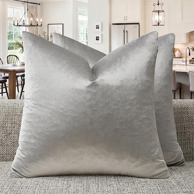 GIGIZAZA Silver Grey Velvet Throw Pillow Covers Big 26x26 Pack of 2 | Decorative Pillows for Couch,Euro Sham,280gsm Soft Textured Fabric,Modern Pillowcases,Luxury Cushion Covers