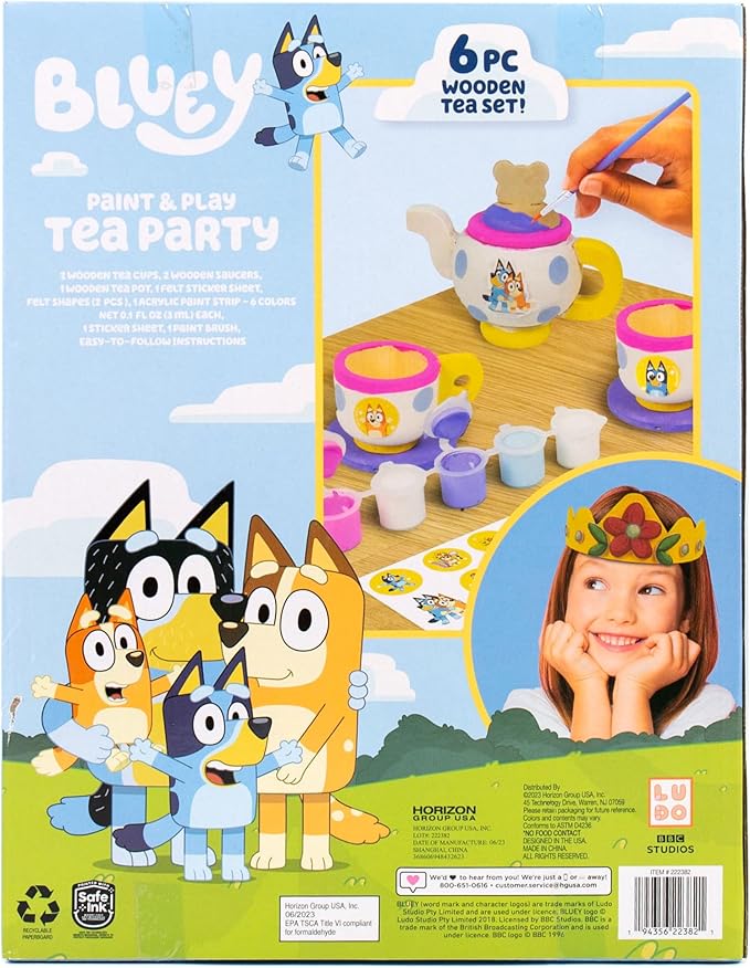 Bluey Paint & Play Tea Party, 6-Piece Wooden Tea Set, Customize with Paint & Stickers, 2 Wearable Crowns, Fun Toys for Kids, Cute Birthday Party Decorations, Pretend Play Tea Party, Toys