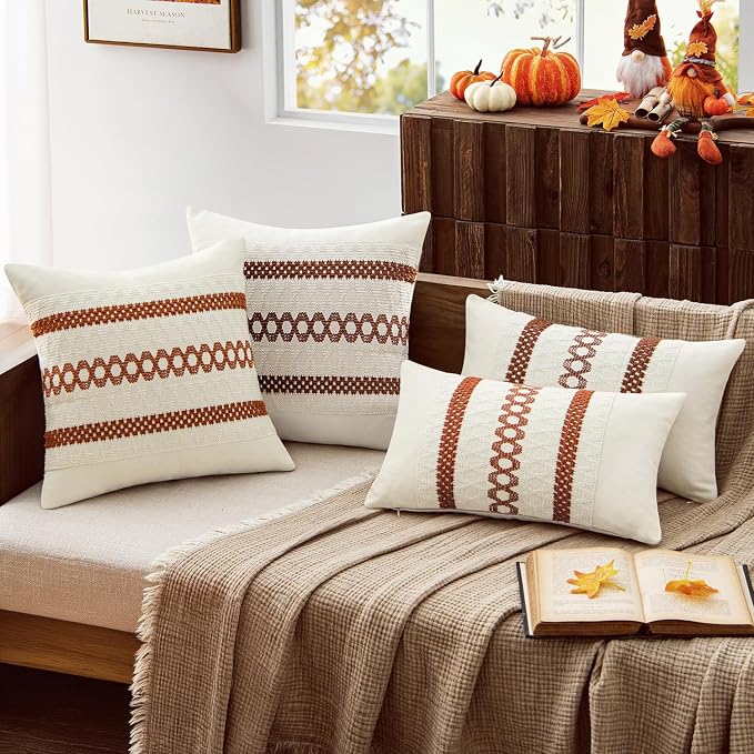 MIULEE Set of 2 Fall Burnt Orange Decorative Pillow Covers 20x20 | Farmhouse Boho Couch Throw Pillows, Modern Cotton Cushion Covers, Macrame Woven Home Decor for Bed Sofa Chair
