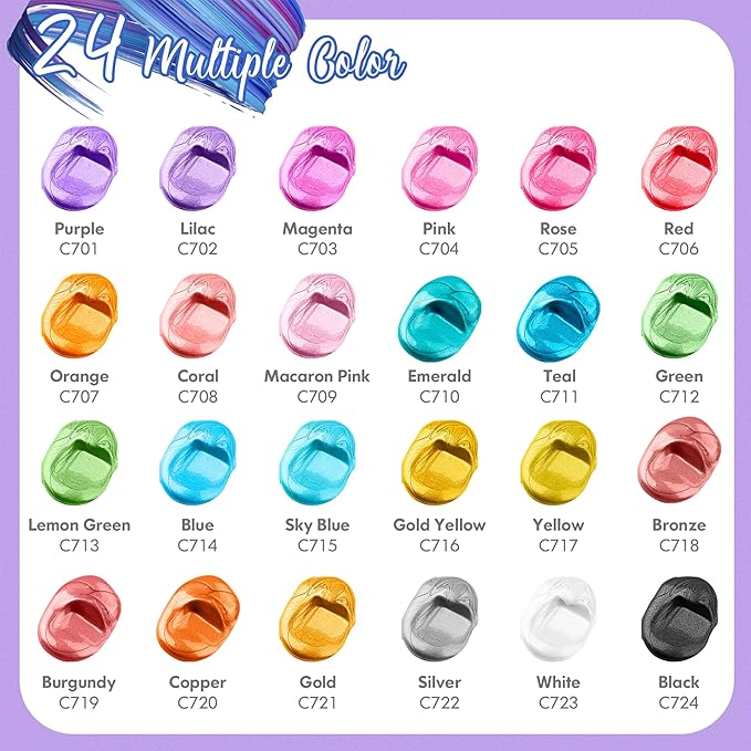 Caliart Metallic Acrylic Paint Set with 12 Brushes, 24 Colors (59ml, 2oz) Art Craft Paints for Adults Artists Beginners Painters, Canvas Halloween Pumpkin Ceramic Wood Fabric Rock Painting Supplies Kit
