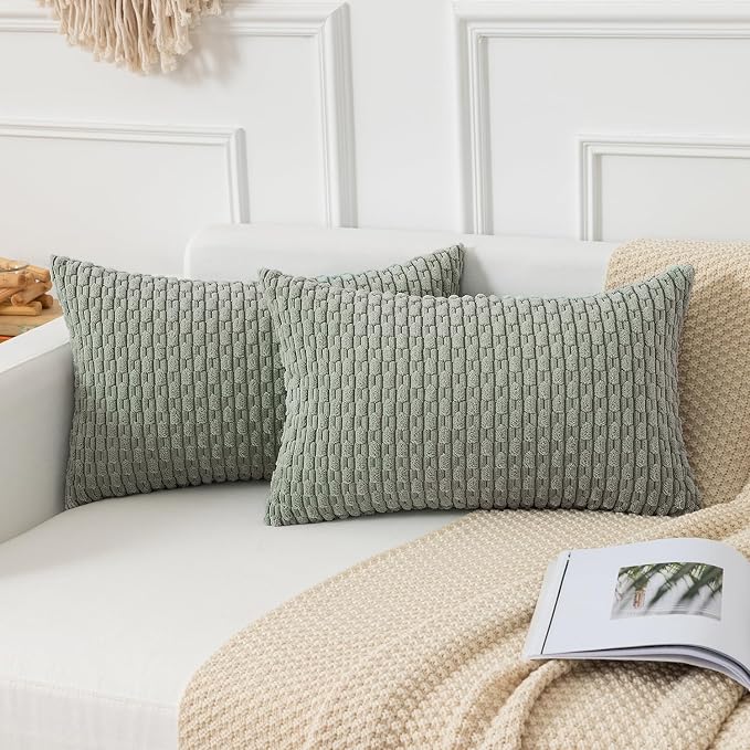 Kevin Textile Soft Corduroy 12"x20" Lumbar Pillow Cover 1 Pack, Grey Green | Boho Stripe Plush Corduroy Decorative Oblong Cushion Cover Modern Farmhouse Home Decor for Sofa Couch Bed Chair