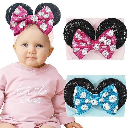 Baby Girl Mouse Ears Headbands with Sequin Bow, Wide Nylon Turban Hairband, Theme Park Headwear, Hair Bow Headband for Toddler, Kids, Party Supplies