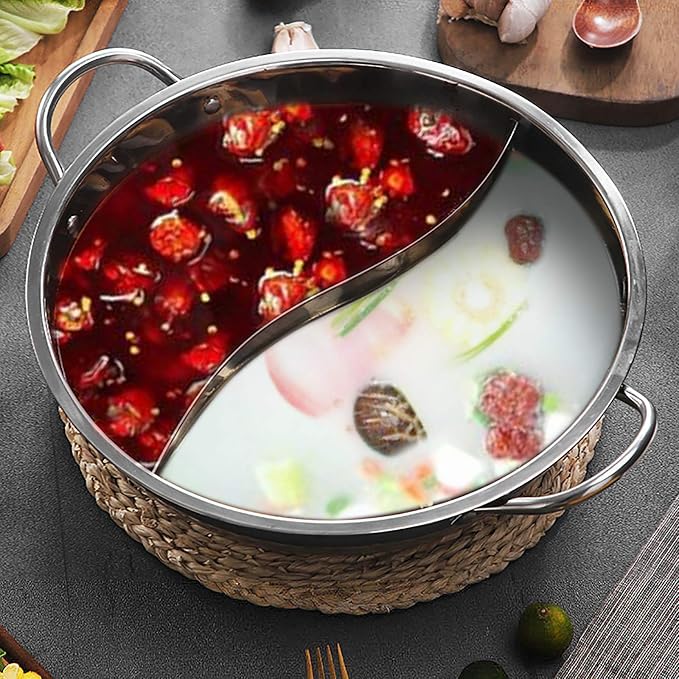 Shabu Shabu Hot Pot 12" Stainless Steel Hot Pot Pot with Glass Lid, Dual Side Split Pot Korean Ramen Pot for Induction Cookers, Gas Stoves, Electric Stoves, Ceramic Stoves