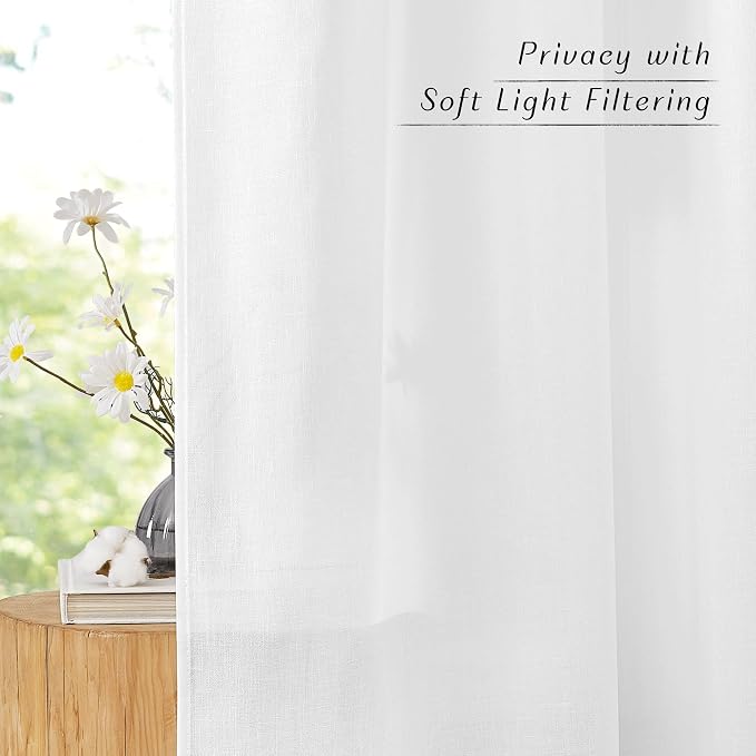NICETOWN Thick Linen White Curtains 90 inch Length, Grommet Flax Linen Blend Window Treatments Privacy with Light Filtering Drapes for Bedroom/Living Room, W55 x L90, 2 Panels