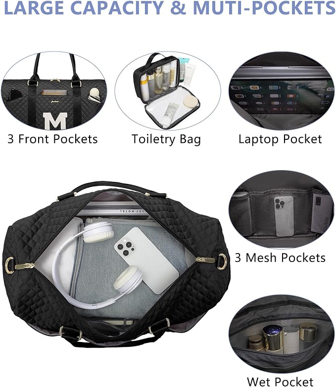 Women Weekender Travel Duffle Bag: Initial Duffel Overnight Bags with Shoe Compartment Large Carry on Tote with Toiletry Bag Weekend Traveling Yoga Gym Hospital Bag for Women with Wet Pocket Letter M