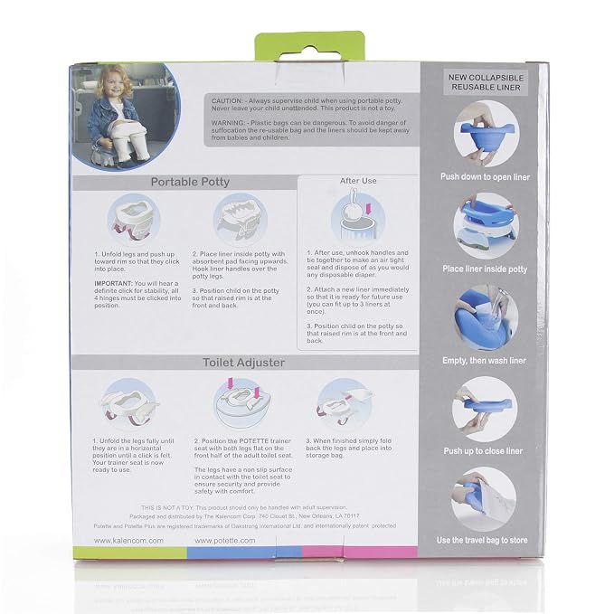 Potette Plus Potty Value Pack: Kalencom 2in1 Potette Plus Portable Potty and Reusable Collapsible Liner for Home Use (White/Gray)