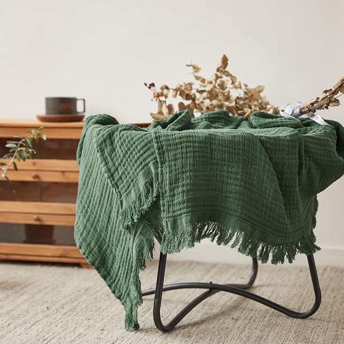 Simple&Opulence Cotton Muslin Throw Blanket for Bed, Couch, Knit Woven Gauze Blanket with Tassels, Soft Lightweight Cozy Pre-Washed Breathable Farmhouse Decoration for All-Season (Olive Green)