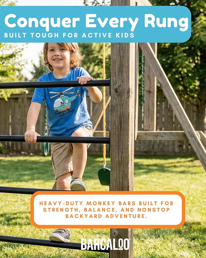 Barcaloo 22 Inch Outdoor Monkey Bars for Backyard - Set of 6, Black Metal Outdoor/Indoor Monkey Bars for Kids - Playground Ladder, Climbing or Swing Set - Kit Includes Mounting Plates & Hardware