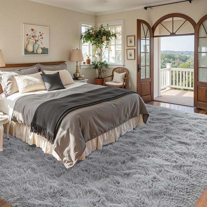 9x12 ft Light Grey Rug for Living Room Fluffy Bedroom Rug Non-Slip Area Rugs Shag Carpet for Nursery Kids Play Room Dorm Office Indoor Modern Plush Carpets Boys