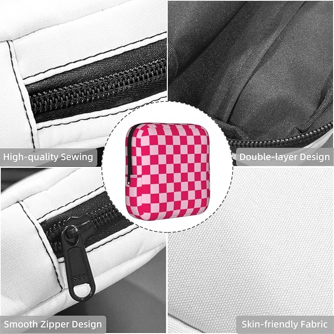 Pink And White Checkered Checker Checkerboard Square Grid Period Bag For Women,Portable Sanitary Napkin Period Pad Pouch For Purse, Small Make Up Bags