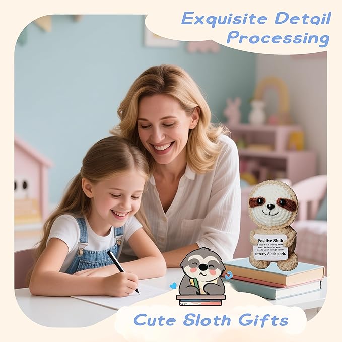 Sloth Gifts, Crochet Positive Support Sloth– Handmade Emotional Cheer Support Funny Sloth Gifts for Friend Coworker Birthday Christmas Stocking Stuffer White Elephant Under 10 Dollars