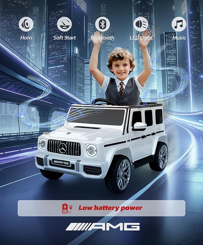 ELEMARA Licensed Mercedes-Benz AMG G63 Ride on Toys,Electric Car for Kids W/Parents Control,Electric Powered A Wagon Ride On Truck Toy,Spring Suspension,Bluetooth,Flickering Lights/LED Lights, White