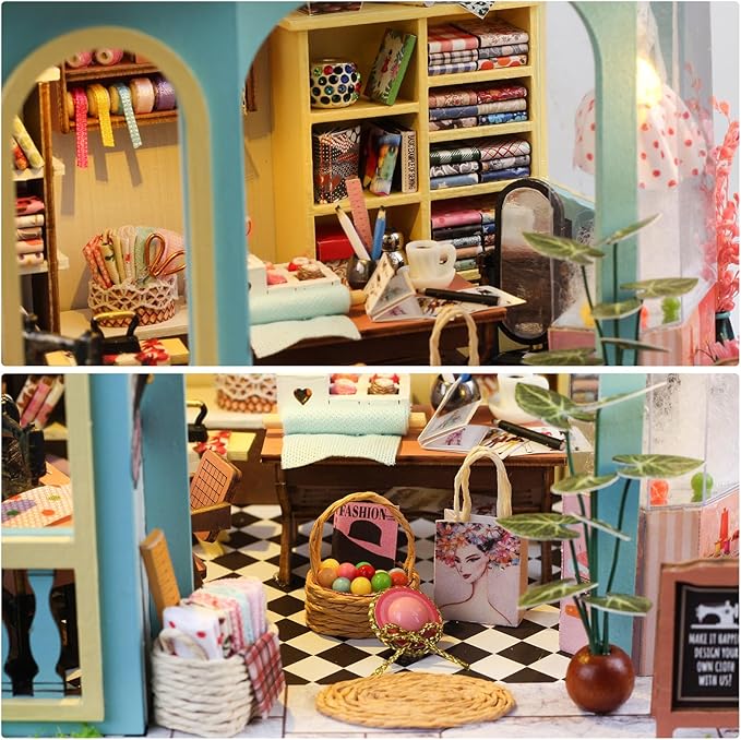 Foyucool DIY Miniature House Kit, Dollhouse Kit with LED Light, Mini House Building Kits for for Adult to Building, Christmas Home Decorations Gifts for Family and Friends, Tailor's Store