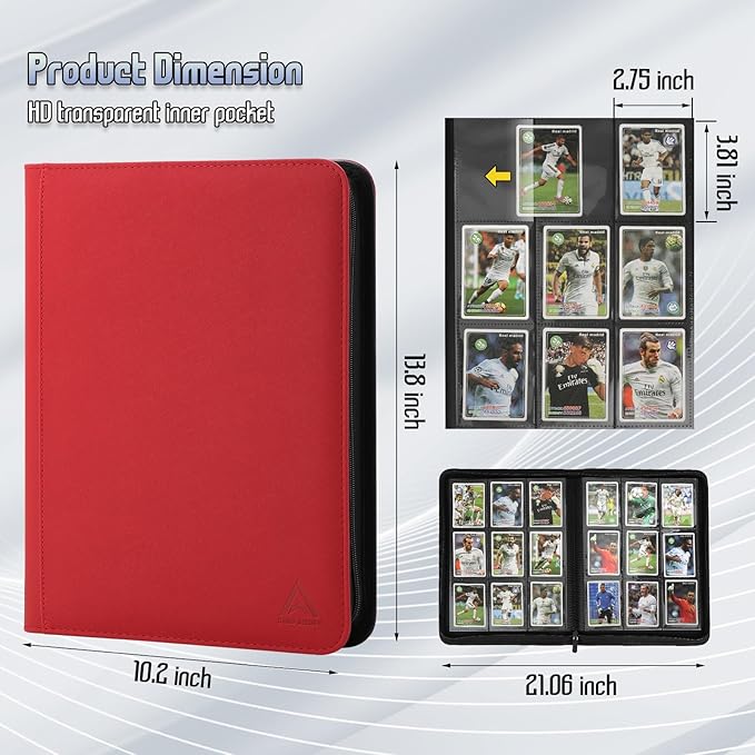 Arkeiliy Card Binder 9 Pocket, Double Sided Pockets Trading Card Binder with 30 Sleeves, Premium Zip Trading Card Holder Collector Album Holds 540 MTG (red)