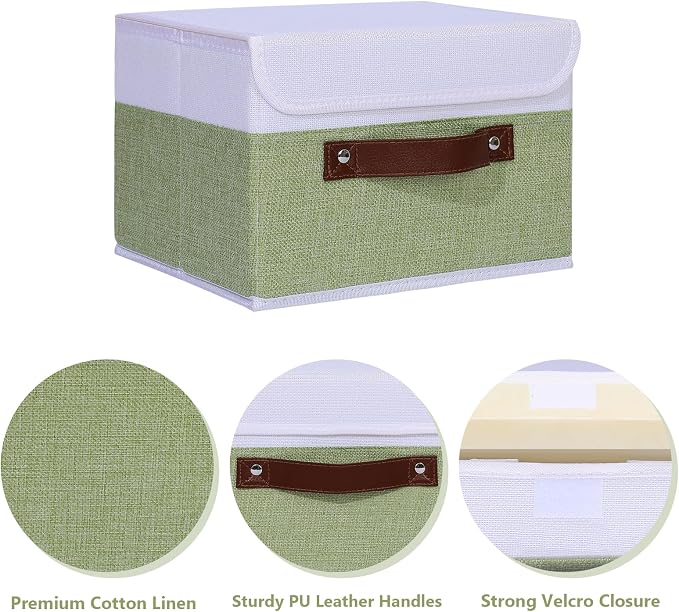 ANMINY Fabric Storage Box Bins with Lids, Green White, 13"x9"x7.9", 2 Pack | Keepsake Memory Storage, Cotton Linen, PP Board Reinforced, Washable, PU Handles, Foldable & Stackable, Decorative, Medium